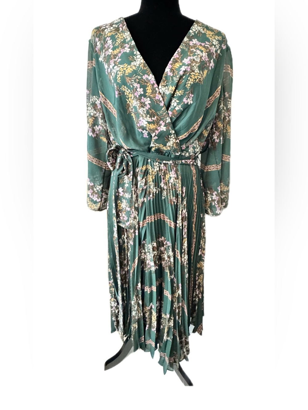Danny & Nicole Green Floral Pleated Midi Dress 14W Faux Wrap Belted Boho